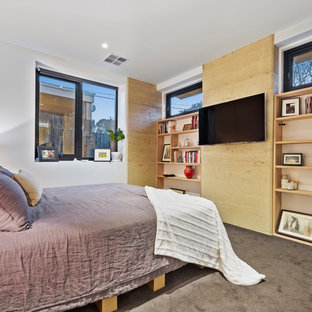 Design ideas for a mid-sized contemporary master bedroom in Melbourne with multi-coloured walls, carpet, no fireplace and black floor.