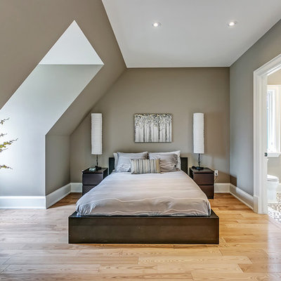 Mid-sized trendy master light wood floor bedroom photo in Toronto with gray walls and no fireplace