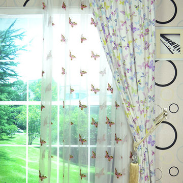 Butterflies Double Pinch Pleat Printed Cotton Curtain Red Orange Color