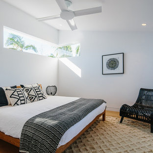 Design ideas for a contemporary bedroom in Other with white walls, medium hardwood floors and brown floor.