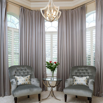 Calm, Beautiful Bedroom details - Upholstered Chairs & Window Treatments
