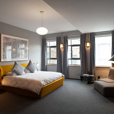 Inspiration for a mid-sized contemporary master carpeted and gray floor bedroom remodel in London with gray walls