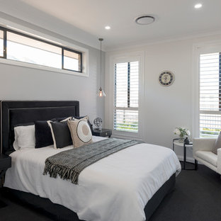 Contemporary guest bedroom in Sydney with beige walls, carpet and black floor.