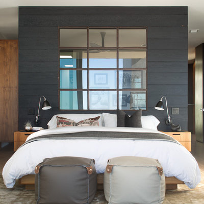 Bedroom - large modern master dark wood floor and brown floor bedroom idea in San Diego with gray walls