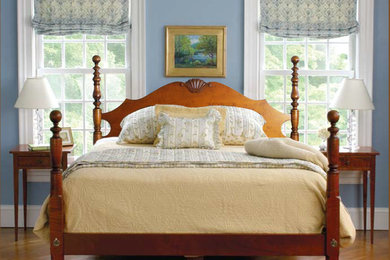 Imagen de dormitorio principal tradicional de tamaño medio con paredes azules y suelo de madera en tonos medios