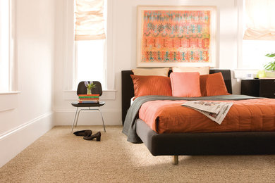 Inspiration for a contemporary carpeted bedroom remodel in Orlando with white walls