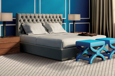 Diseño de dormitorio principal minimalista de tamaño medio sin chimenea con moqueta, paredes azules y suelo multicolor