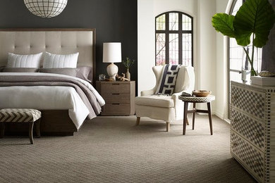 Bedroom - large transitional master carpeted and brown floor bedroom idea in DC Metro with black walls and no fireplace