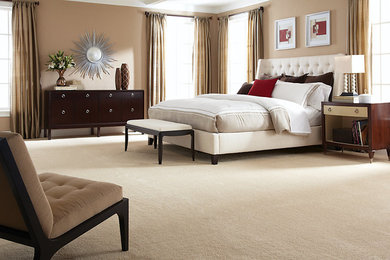 Bedroom - large traditional master carpeted and white floor bedroom idea in DC Metro with beige walls and no fireplace