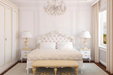 Imagen de dormitorio principal romántico de tamaño medio sin chimenea con paredes blancas y suelo de madera oscura