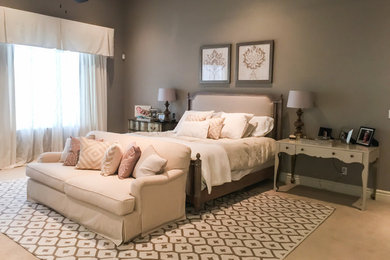Inspiration for a mid-sized transitional master carpeted and brown floor bedroom remodel in Phoenix with brown walls