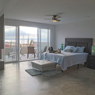 Ejemplo de dormitorio tipo loft, contemporáneo, con paredes grises, suelo de cemento, chimenea de doble cara y marco de chimenea de hormigón