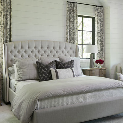 Transitional master carpeted and gray floor bedroom photo in Tampa with white walls