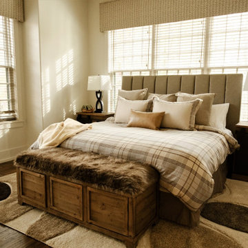 Casual Bedroom with Pine Storage Bench, Modern Rug