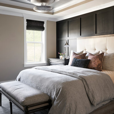 Inspiration for a large transitional master carpeted and gray floor bedroom remodel in Nashville with beige walls and no fireplace