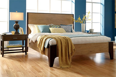 Large transitional master light wood floor bedroom photo in Jacksonville with blue walls