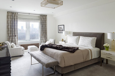 Contemporary master bedroom in New York with white walls, carpet, no fireplace and grey floors.
