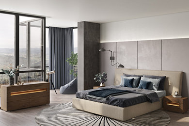 Modelo de dormitorio principal contemporáneo de tamaño medio con paredes marrones, suelo de madera oscura, suelo gris, madera y ladrillo