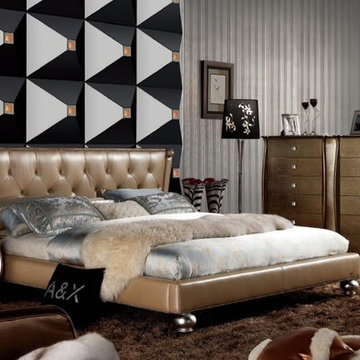 Champagne Italian Leather Bed with Tufted Headboard