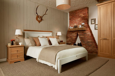 This is an example of a medium sized rustic guest bedroom in Other with white walls, carpet and brown floors.
