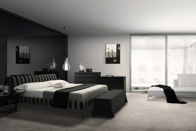 Bedroom - large modern master carpeted bedroom idea in New York with gray walls and no fireplace