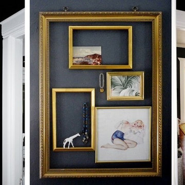 charcoal bedroom and black hallway with white trim; a montage of gold and brass