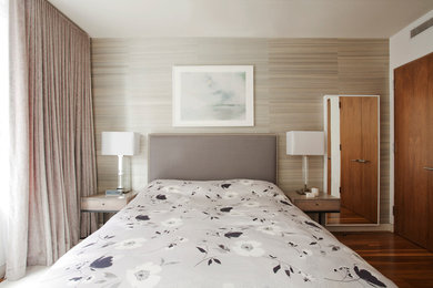 Diseño de dormitorio principal moderno con suelo de madera en tonos medios