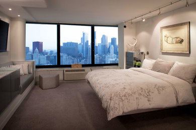 シカゴにある広いコンテンポラリースタイルのおしゃれな主寝室 (グレーの壁、カーペット敷き、暖炉なし、グレーの床)