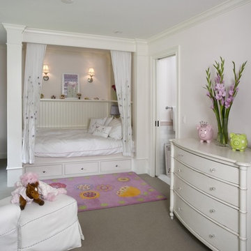 Childs Pink Bedroom with Built In Bed in Traditional Style Home