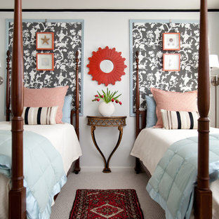 Bedroom - transitional guest carpeted bedroom idea in Atlanta with blue walls
