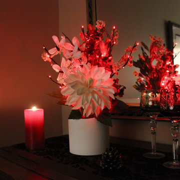 Christmas Bouquet - White Dahlia with Orchids - Red Branch Lights