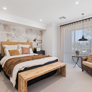 Contemporary bedroom in Perth with white walls, carpet and beige floor.