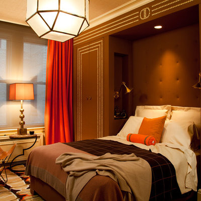 Bedroom - contemporary bedroom idea in New York with brown walls
