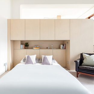 Inspiration for a small contemporary master bedroom in London with white walls, carpet and grey floors.