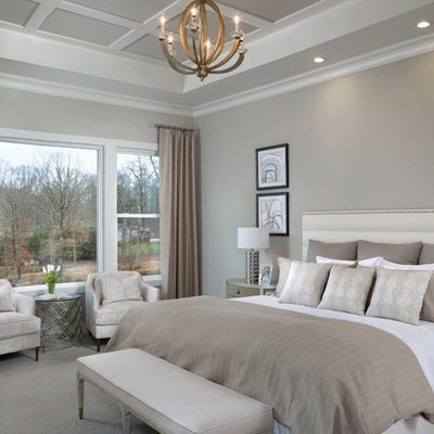 Inspiration for a coastal master carpeted and gray floor bedroom remodel in Other with gray walls and no fireplace