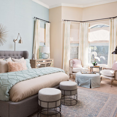 Transitional master carpeted and brown floor bedroom photo in Orlando with blue walls