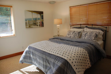Ejemplo de habitación de invitados tradicional de tamaño medio con paredes blancas, moqueta, suelo beige y chimenea lineal