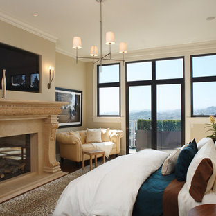 Transitional dark wood floor bedroom photo in San Francisco with beige walls, a standard fireplace and a stone fireplace