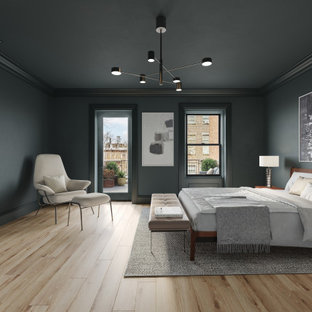 Diseño de dormitorio principal, clásico renovado, grande, con paredes verdes, suelo de madera clara, chimenea tradicional, marco de chimenea de hormigón y suelo beige