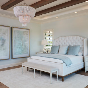 Foto de dormitorio principal, costero, con paredes azules y suelo de madera en tonos medios