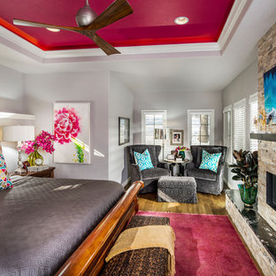 Design ideas for a mid-sized eclectic master bedroom in Other with a standard fireplace, a stone fireplace surround, grey walls, medium hardwood floors and brown floor.