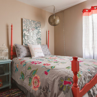 Mid-sized transitional guest medium tone wood floor and brown floor bedroom photo in Other with brown walls