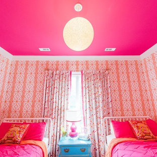 Inspiration for a mid-sized transitional carpeted and orange floor bedroom remodel in Other with pink walls