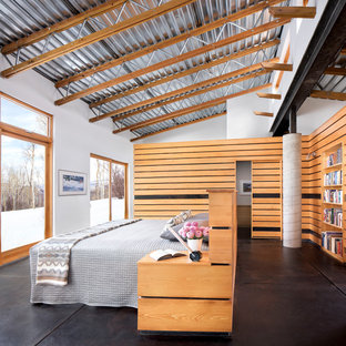 Mittelgroßes Industrial Hauptschlafzimmer mit weißer Wandfarbe, Betonboden und schwarzem Boden in Denver