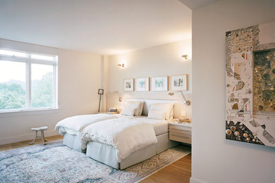 ボストンにある広いトランジショナルスタイルのおしゃれな主寝室 (白い壁、淡色無垢フローリング) のインテリア