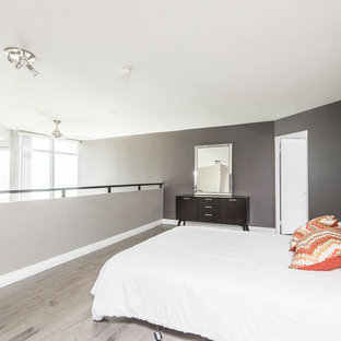 Diseño de dormitorio tipo loft, actual, de tamaño medio, sin chimenea, con paredes grises, suelo vinílico y suelo gris