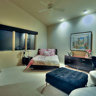Imagen de habitación de invitados actual, grande, sin chimenea, con paredes beige, marco de chimenea de metal, moqueta y suelo beige