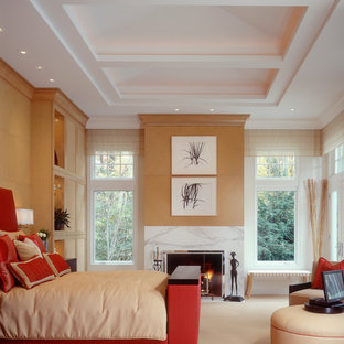 Bedroom - large contemporary master carpeted and beige floor bedroom idea in Cleveland with brown walls, a standard fireplace and a stone fireplace