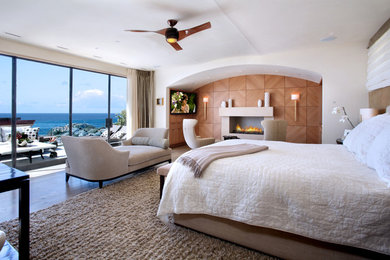 Example of a trendy master bedroom design in Orange County with white walls and a standard fireplace