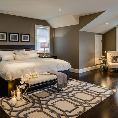 Trendy master dark wood floor bedroom photo in Vancouver with gray walls and no fireplace